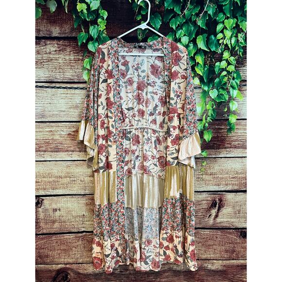 Boho Gypsy Bell Sleeve Patchwork Ruffled Kimono Duster Maxi Tunic Cardigan OS - Picture 1 of 7